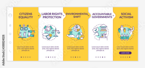Social change advantages onboarding vector template. Labor rights protection. Environmental shift. Responsive mobile website with icons. Webpage walkthrough step screens. RGB color concept
