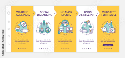 New public regulations onboarding vector template. Wearing face mask. Using disinfectants. Social distance. Responsive mobile website with icons. Webpage walkthrough step screens. RGB color concept