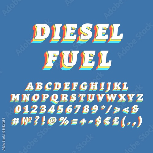 Diesel fuel vintage 3d vector alphabet set. Retro bold font, typeface. Pop art stylized lettering. Old school style letters, numbers, symbols pack. 90s, 80s creative typeset design template