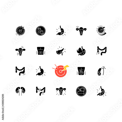 Stomach pain black glyph icons set on white space. Digestive disorders. Indigestion. Chronic abdominal pain. Pancreatitis. Appendicitis symptom. Silhouette symbols. Vector isolated illustration