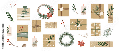 Set of different christmas presents in kraft paper with twine ribbon and wreaths. Rustic gift box. Eco decoration, eucalyptus and spruce. Xmas and New Year celebration preparation. Vector flat style