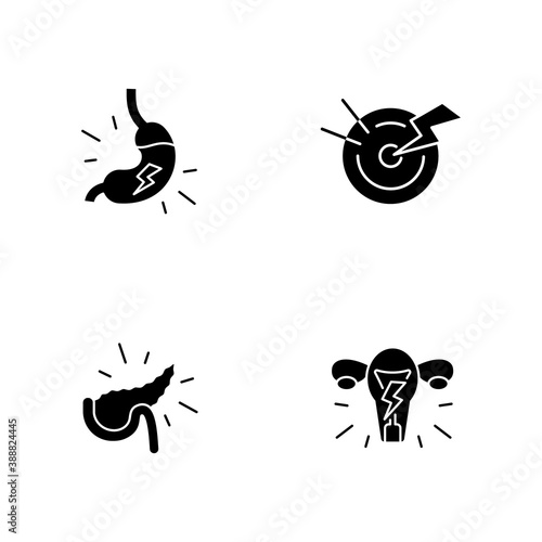 Stomachache black glyph icons set on white space. Dyspepsia. Acute pain. Pancreatitis. Menstrual cramps. Burning sensation. Digestive disorder. Silhouette symbols. Vector isolated illustration