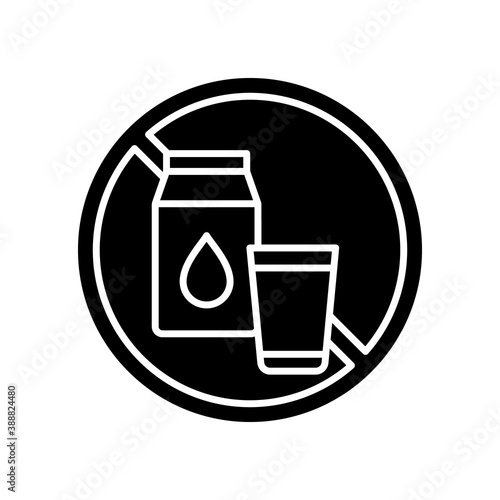 Lactose intolerance black glyph icon. Digestive disorder. Dairy products. Enzyme lactase. Milk, yogurt. Abdominal pain. Stomach cramps. Silhouette symbol on white space. Vector isolated illustration