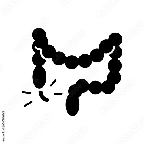 Appendicitis black glyph icon. Appendix inflammation. Pain in lower right abdomen. Digestive disorder. Large intestine. Swollen belly. Silhouette symbol on white space. Vector isolated illustration