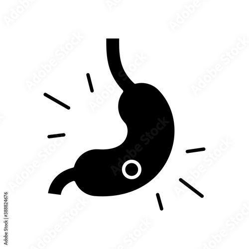 Gastritis black glyph icon. Stomach ulcer. Upper abdominal pain. Gastric mucosa. Gnawing and burning ache. Stomach lining inflammation. Silhouette symbol on white space. Vector isolated illustration