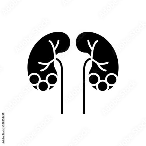 Kidney stone disease black glyph icon. Dissolved minerals and salts. Urolithiasis. Blocked ureter. Waste products in blood. Silhouette symbol on white space. Vector isolated illustration