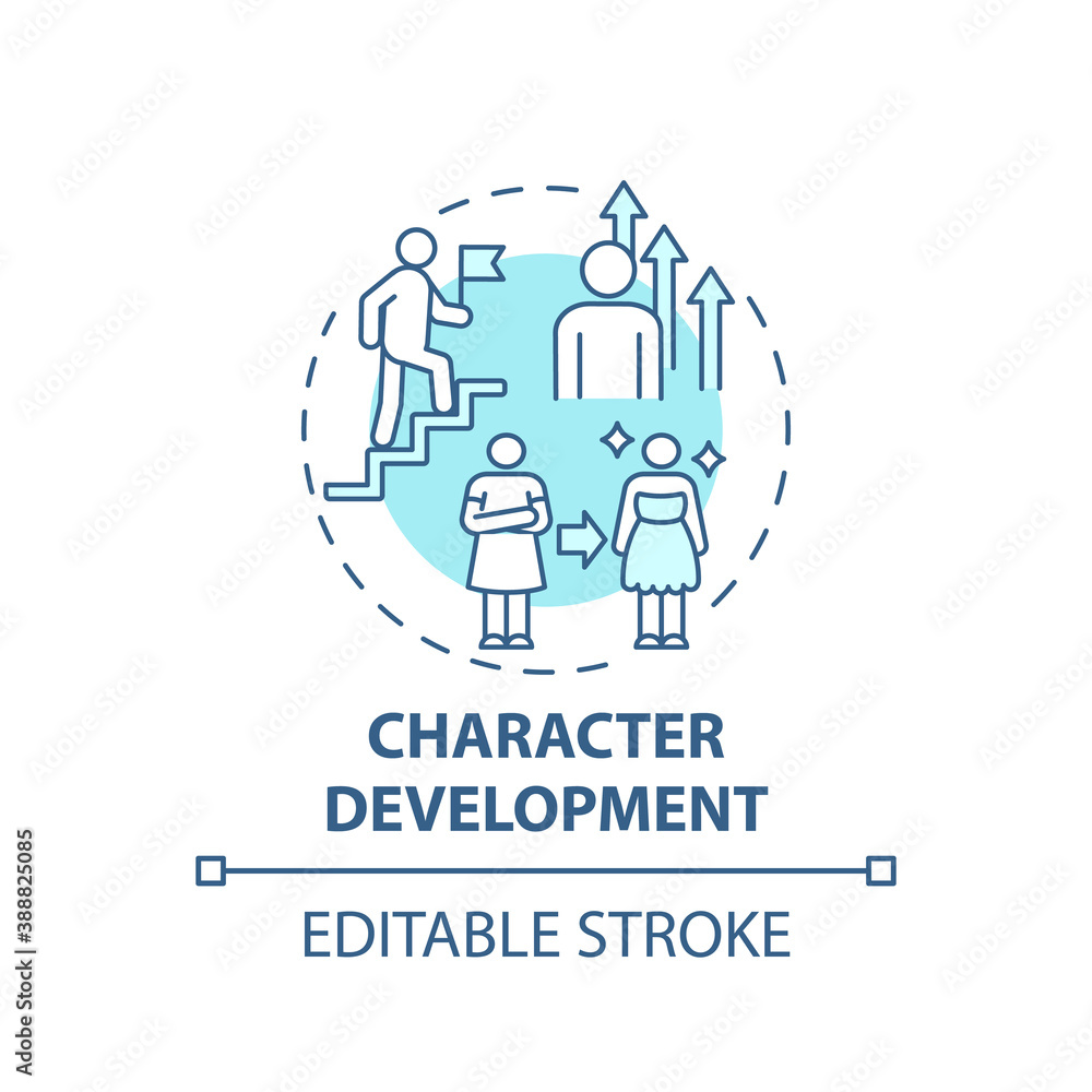 Character development concept icon. Creative writing elements. During book upgrading. Improving to plot ending idea thin line illustration. Vector isolated outline RGB color drawing. Editable stroke
