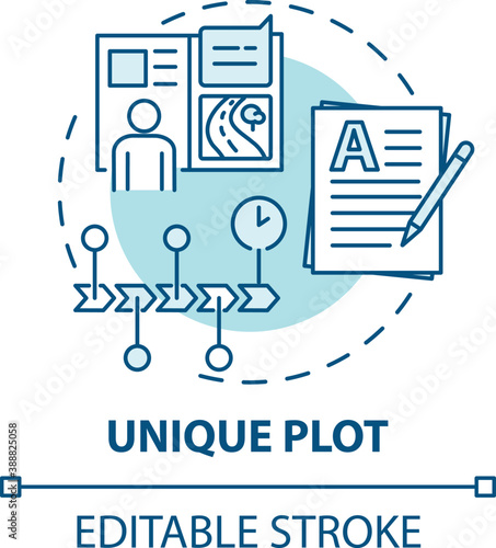 Unique plot concept icon. Creative writing elements. Creating not stealed content. Different creations idea thin line illustration. Vector isolated outline RGB color drawing. Editable stroke