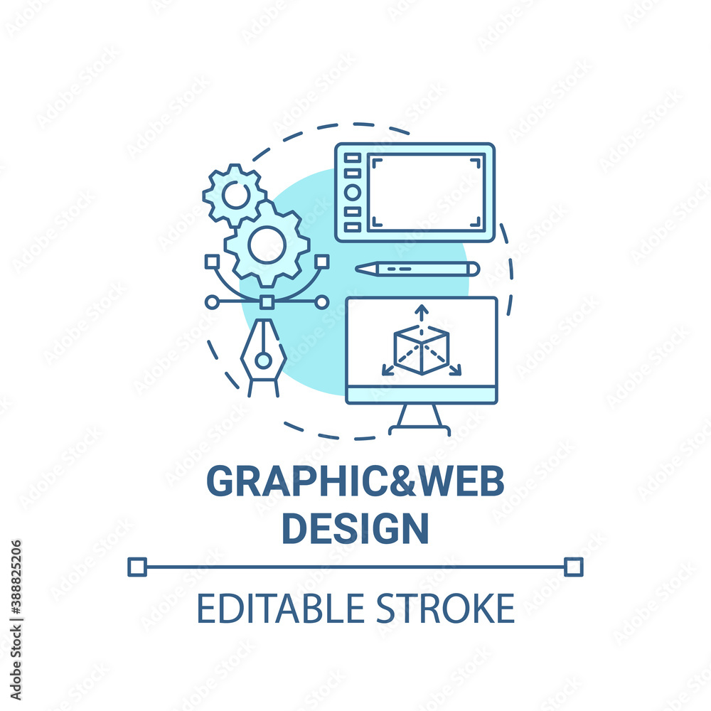 Graphic and web design concept icon. Top careers in IT for creative thinkers. Creation of vector graphics idea thin line illustration. Vector isolated outline RGB color drawing. Editable stroke Graphic and web design concept icon. Top careers in IT for creative thinkers. Creation of vector graphics idea thin line illustration. Vector isolated outline RGB color drawing. Editable stroke