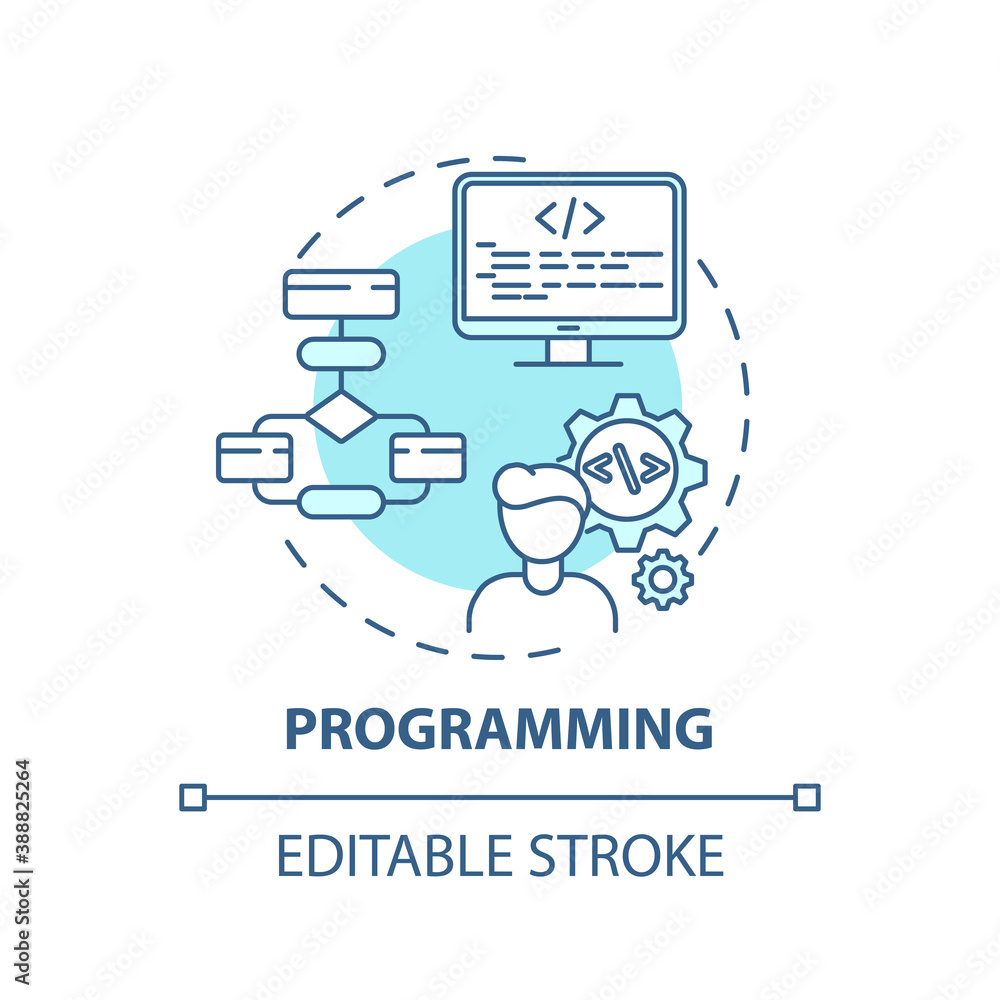 Programming concept icon. Careers in IT for creative thinkers. Software developer job. Innovative apps creation idea thin line illustration. Vector isolated outline RGB color drawing. Editable stroke Programming concept icon. Careers in IT for creative thinkers. Software developer job. Innovative apps creation idea thin line illustration. Vector isolated outline RGB color drawing. Editable stroke