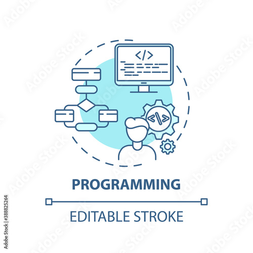 Programming concept icon. Careers in IT for creative thinkers. Software developer job. Innovative apps creation idea thin line illustration. Vector isolated outline RGB color drawing. Editable stroke