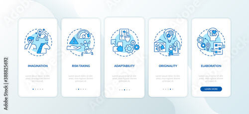 Creative thinking skills onboarding mobile app page screen with concepts. Risk taking people walkthrough 5 steps graphic instructions. UI vector template with RGB color illustrations