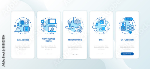 Top careers in IT for creative thinkers onboarding mobile app page screen with concepts. Graphic web creation walkthrough 5 steps graphic instructions. UI vector template with RGB color illustrations