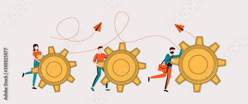 Business concept of vector illustration, little people links of mechanism, business mechanism, abstract background with gears, people are engaged in business promotion, strategy analysis, starting the