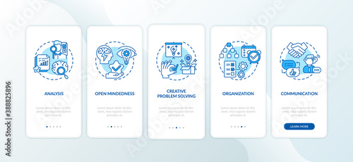 Creative thinking types onboarding mobile app page screen with concepts. People imagination walkthrough 5 steps graphic instructions. UI vector template with RGB color illustrations