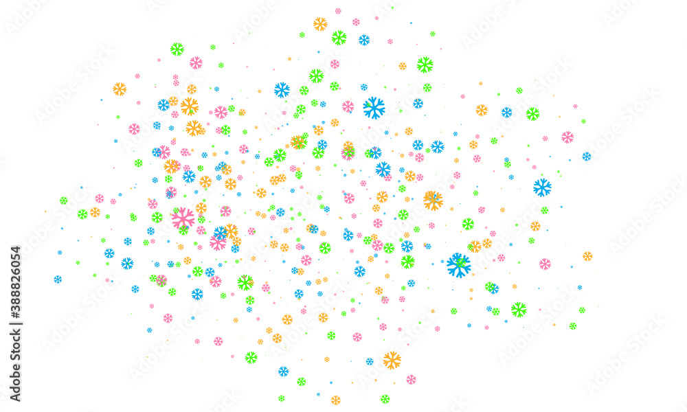 Multicolored snowflakes of different sizes and different transparency are randomly scattered over a transparent background. Winter vector background, pattern, design. Vector .