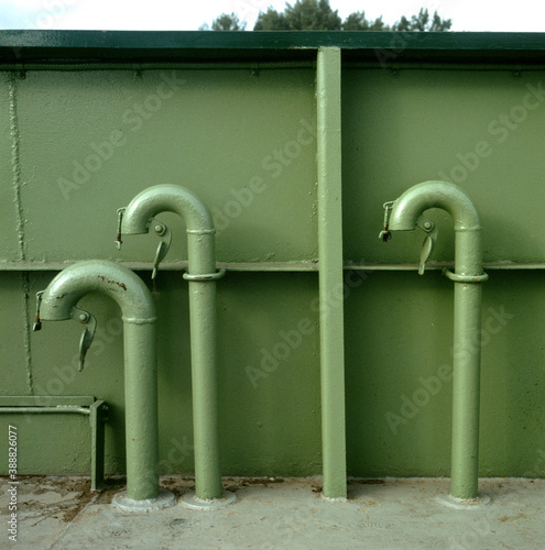 Curved air intake pipes to engine on the Madeline Island Ferry.   Bayfield Wisconsin WI USA photo