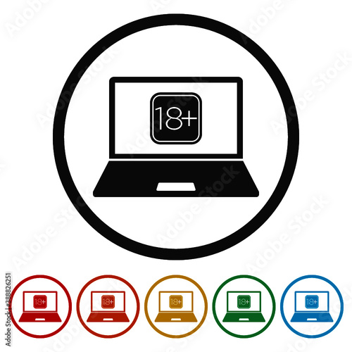Laptop computer with 18 plus ring icon, color set