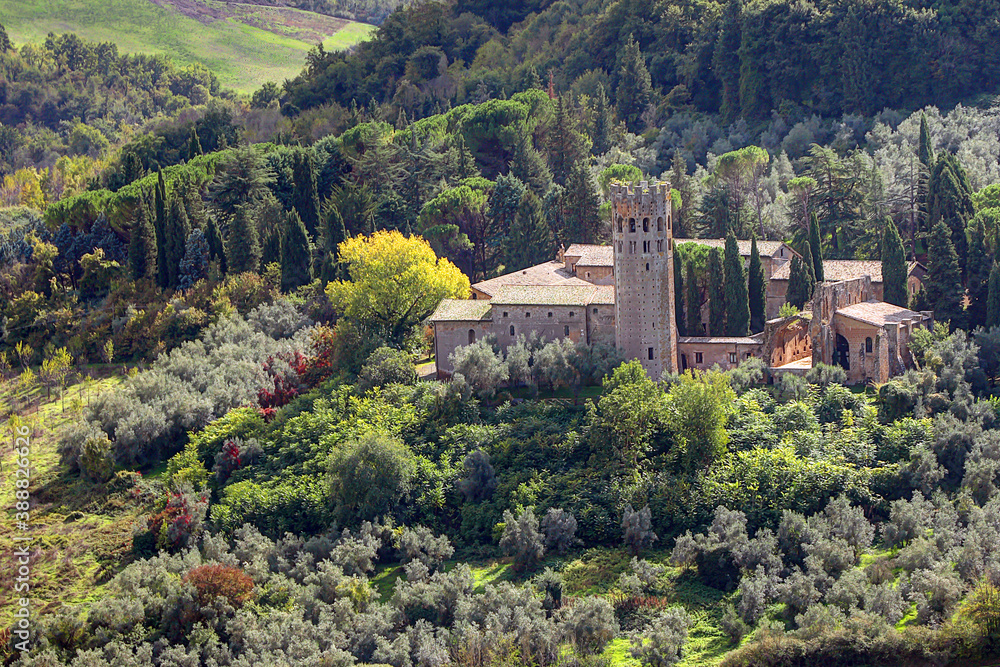 View of Abbazia Dei SS. Severo E Martirio (Abbey of Saint Severo and Martirio) viewed from Orvieto, Tuscany, Italy