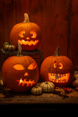 silly and scary lit and carved pumpkins in side a barn for halloween