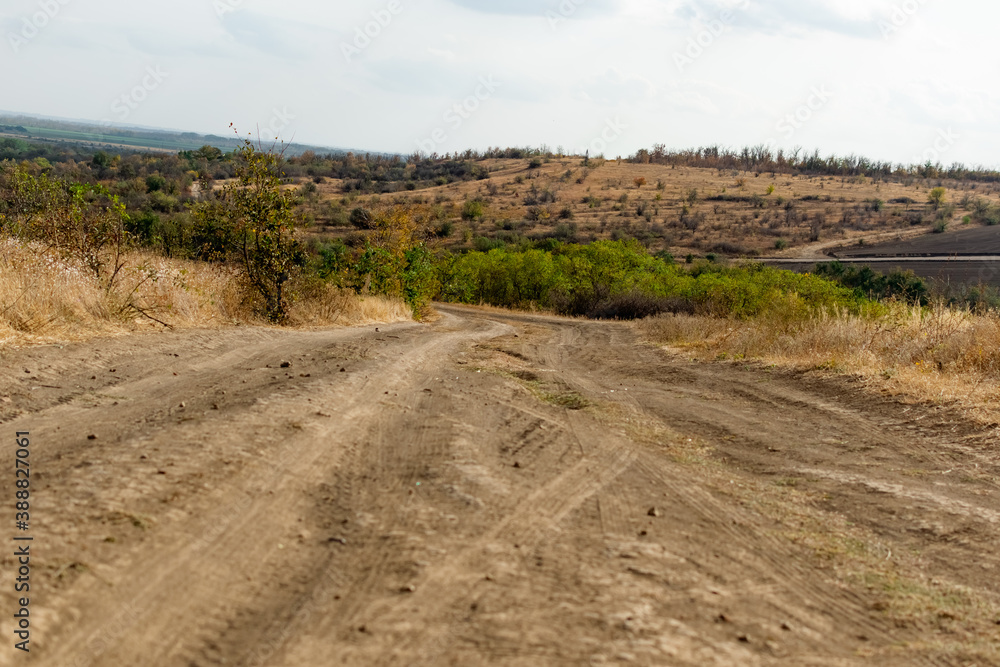 A winding wide road with turns of dust, earth and sand, among dry vegetation and grass. On the background of a beautiful cloudy sky. Yellow drying plants and shrubs around A winding wide road with turns of dust, earth and sand, among dry vegetation and grass. On the background of a beautiful cloudy sky. Yellow drying plants and shrubs around