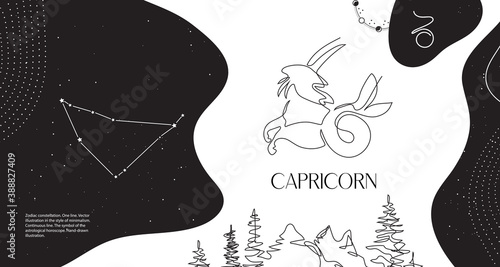 Zodiac background. Capricorn constellation. Horizontal banner. One line.