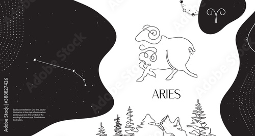 Zodiac background. Aries constellation. Horizontal banner. One line.