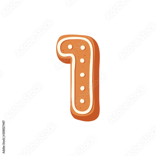 Traditional Christmas gingerbread cookie in the shape of number "1". Vector stock flat illustration isolated on a white background