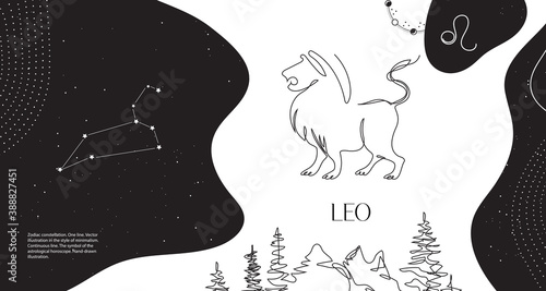 Zodiac background. Constellation Leo. Horizontal banner. One line.