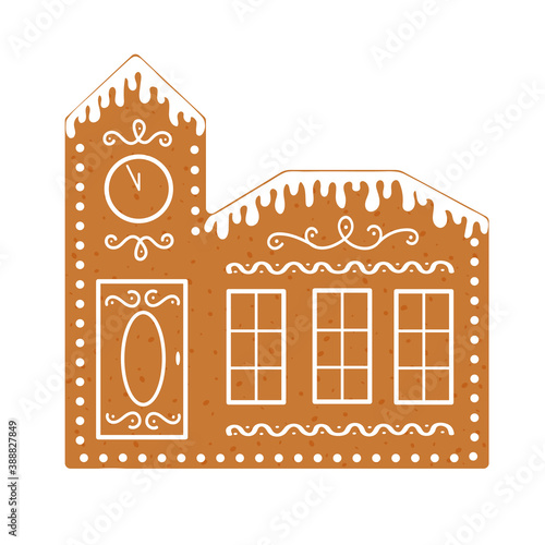 Gingerbread house with clock. Baked Christmas cookie isolated on white background. Vector flat illustration.