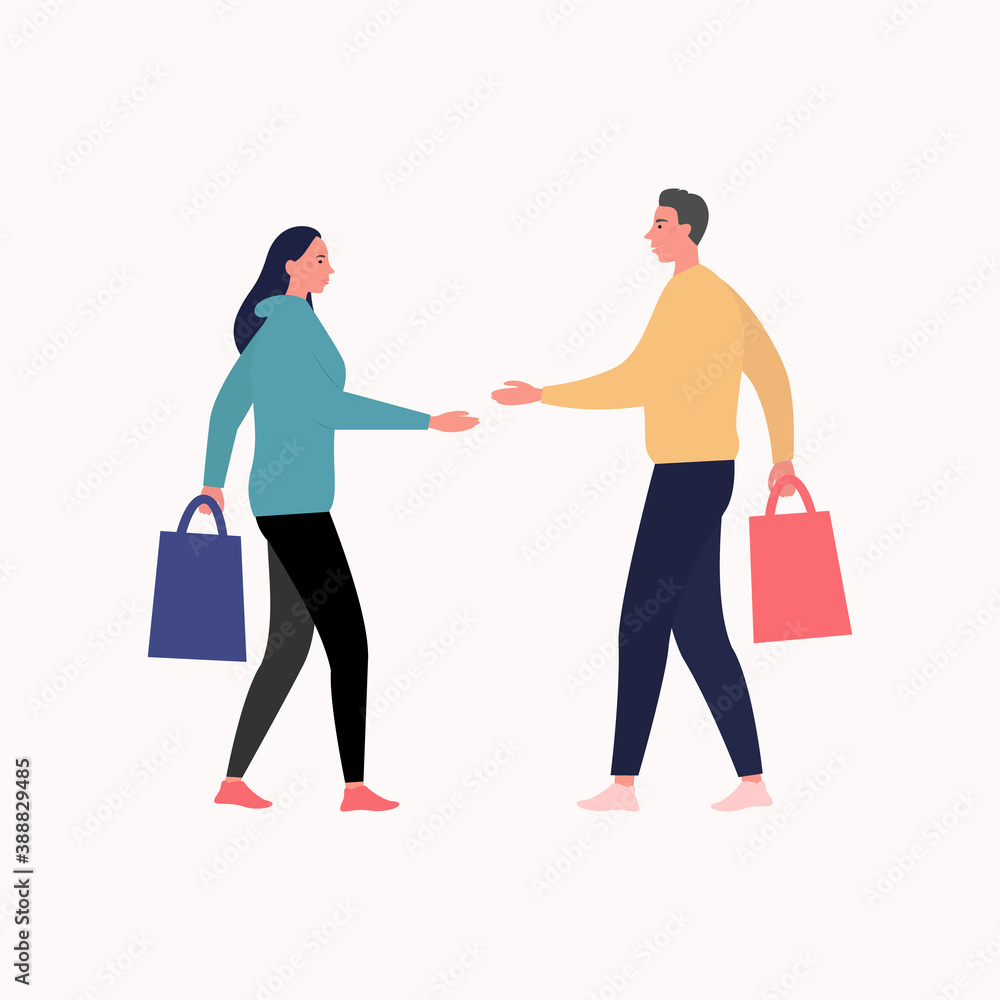 Stylish man and woman with gifts for each other against white background for conceptual design. Cartoon flat vector. Beautiful modern girl and a fashionable guy with packages. Valentine day.