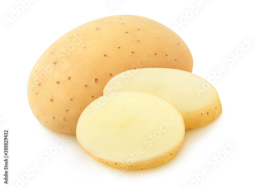 Isolated potato. Whole raw washed potato and two slices isolated on white background
