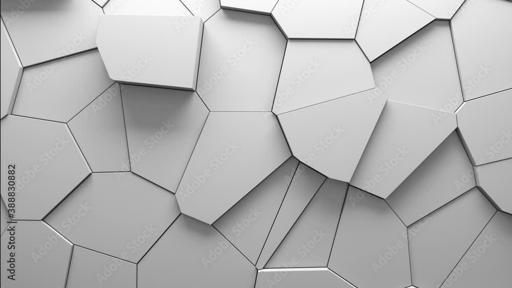 Abstract animation of voronoi blocks moving and extruding. Minimal light clean corporate background. 3D geometric wall loop motion. Polygonal elements cycling displacement video. Abstract animation of voronoi blocks moving and extruding. Minimal light clean corporate background. 3D geometric wall loop motion. Polygonal elements cycling displacement video.