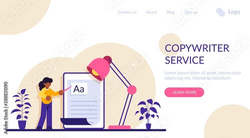 Copywriting job, home based copywriter, freelance copywriting concept. Copywriter writting creative advertising text. Modern flat illustration.