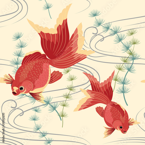 Seamless pattern with golden fish. Koi.  Wallpaper.