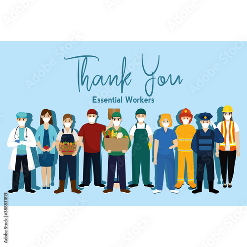 Team essential workers thank you banner blue- Vector