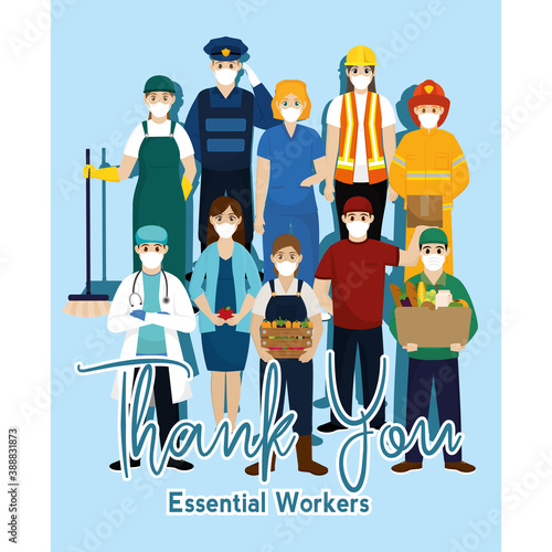 Team essential workers thank you banner blue- Vector