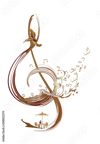 Abstract musical design with a treble clef and coffee beans. Hand drawn vector illustration.