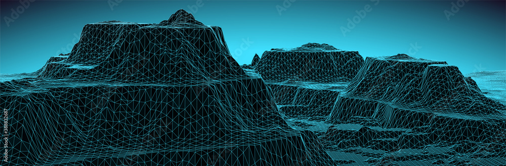 3d landscape. Wireframe triangular surface. Virtual computer terrain ...