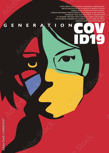 Covid generation conceptual artistic poster design with girl wearing protection mask. Vector illustration.