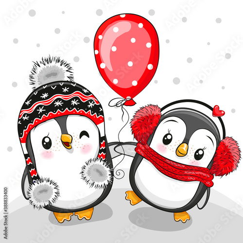 Two cute Cartoon penguins with balloon