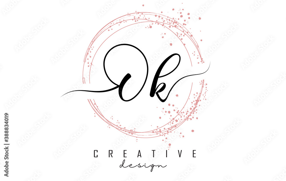 Handwritten Ok O k letter logo with sparkling circles with pink glitter. Handwritten Ok O k letter logo with sparkling circles with pink glitter.