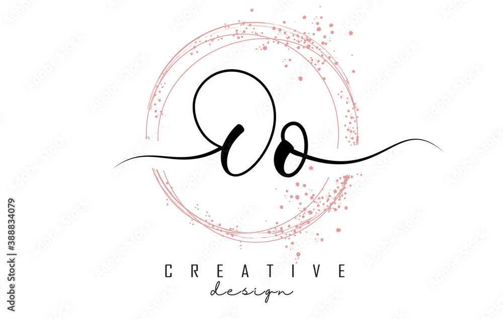 Handwritten Oo O o letter logo with sparkling circles with pink glitter.