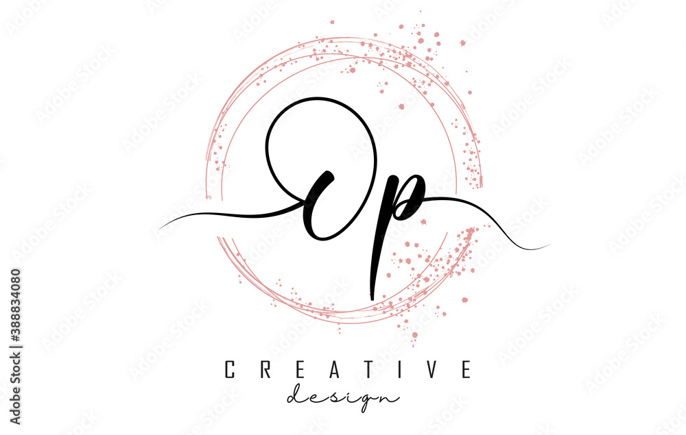 Handwritten Op O p letter logo with sparkling circles with pink glitter ...