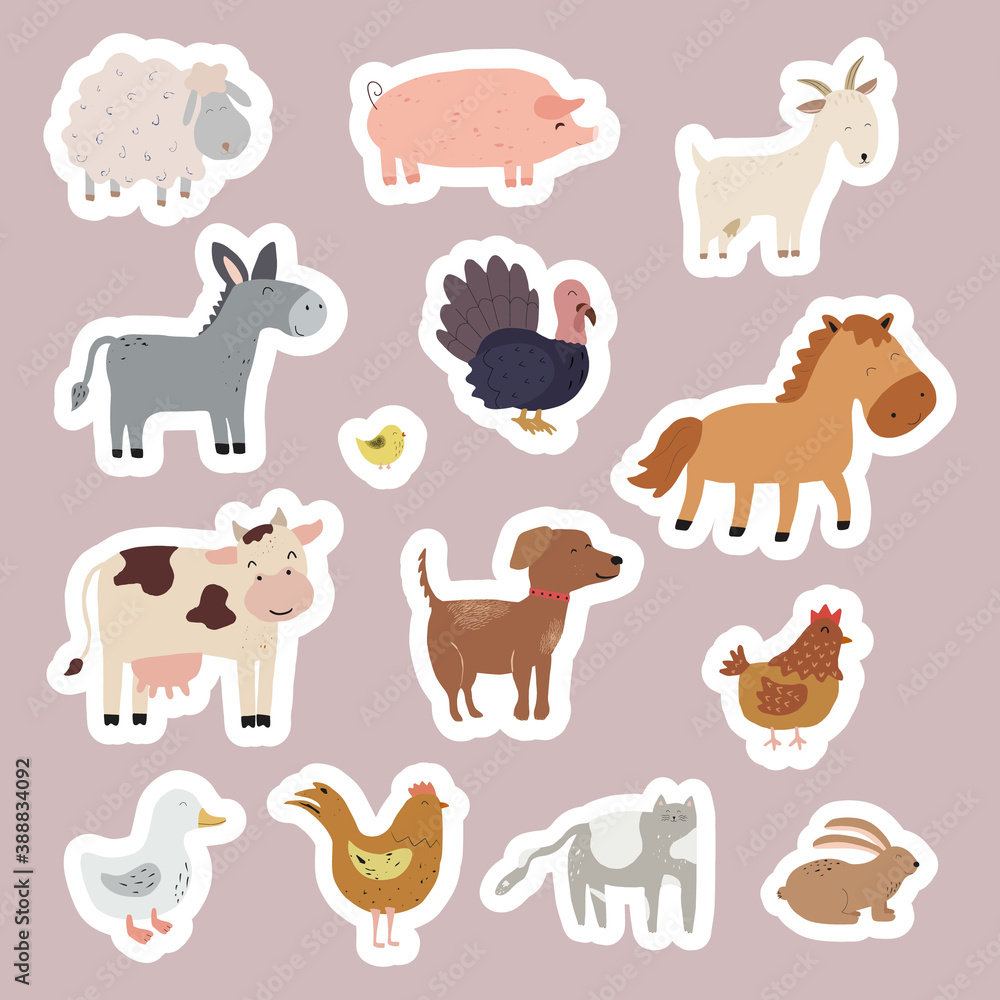 Set of stickers with farm animals. Collection of funny pets and different stylized domestic animals. Vector illustration for children. Zoo.