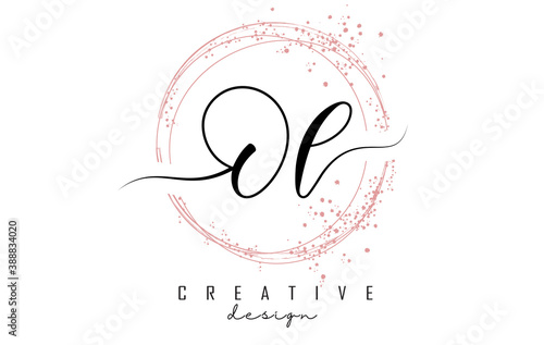 Handwritten Ol O l letter logo with sparkling circles with pink glitter.