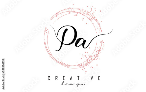 Handwritten PA P A letter logo with sparkling circles with pink glitter.