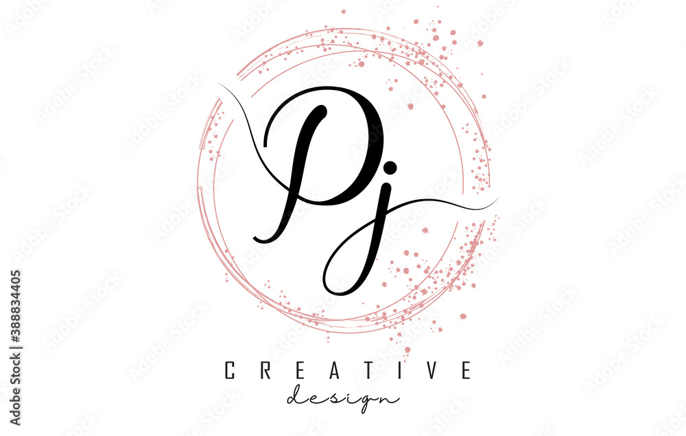 Handwritten Pj P j letter logo with sparkling circles with pink glitter. Handwritten Pj P j letter logo with sparkling circles with pink glitter.
