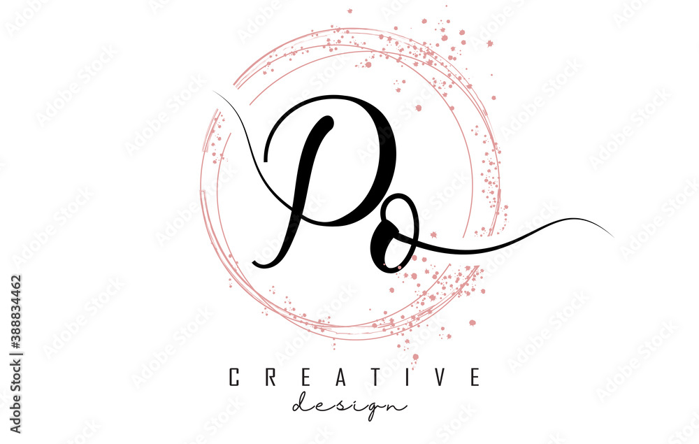 Handwritten Po P o letter logo with sparkling circles with pink glitter. Handwritten Po P o letter logo with sparkling circles with pink glitter.