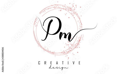 Handwritten PM P M letter logo with sparkling circles with pink glitter.